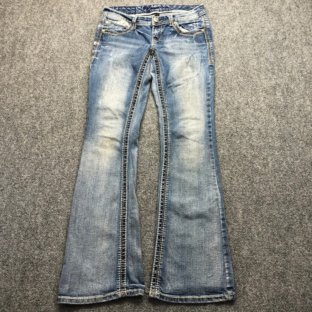 Aria Jeans Co Womens 5/6 Flare Leg Distressed Thick Stitch Denim Blue Jeans